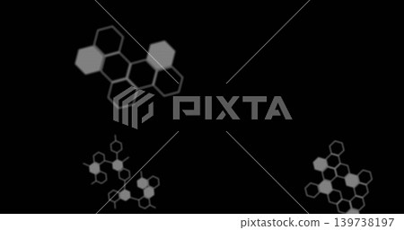 Floating three gray hexagon clusters with filled and outlined cells on black canvas, copy space Floating three gray hexagon clusters with filled and outlined cells on black canvas, copy space 139738197