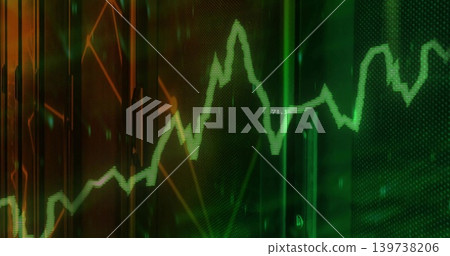 Displaying green jagged line chart tracing peaks on control screen, with perforated panel and 71 Displaying green jagged line chart tracing peaks on control screen, with perforated panel and 71 139738206