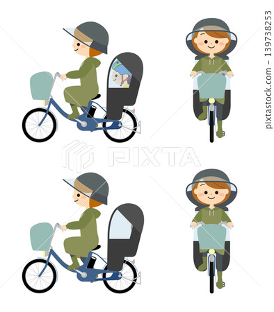 A parent and child riding bicycles while wearing raincoats A parent and child riding bicycles while wearing raincoats 139738253