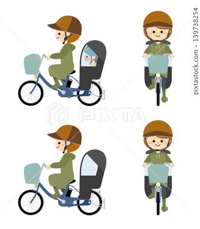 A parent and child riding bicycles while wearing raincoats A parent and child riding bicycles while wearing raincoats 139738254