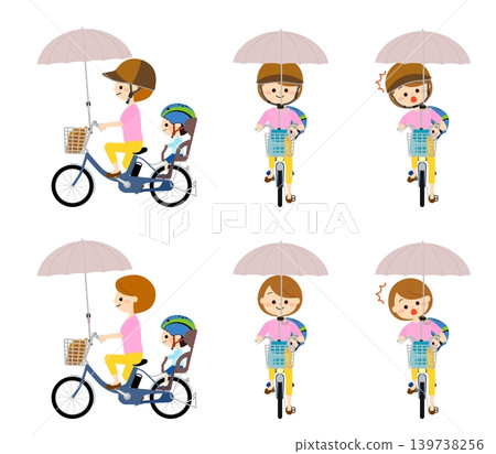 A parent and child riding bicycles while holding a parasol. 139738256