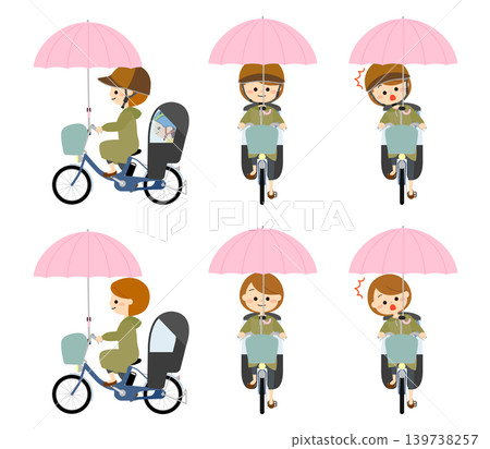 A parent and child riding bicycles while holding an umbrella. 139738257