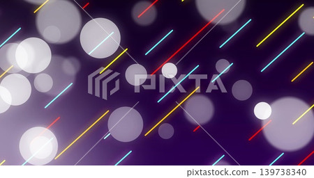 Glowing abstract pattern filling purple gradient, showing cyan yellow red neon streaks and bokeh Glowing abstract pattern filling purple gradient, showing cyan yellow red neon streaks and bokeh 139738340