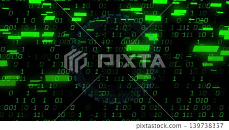 Streaming dense green binary digits and neon bars across virtual interface, with faint blue HUD Streaming dense green binary digits and neon bars across virtual interface, with faint blue HUD 139738357
