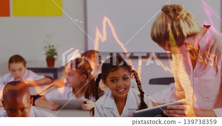 Leaning teacher assisting girl in white shirt using tablet in primary class, with graph overlay Leaning teacher assisting girl in white shirt using tablet in primary class, with graph overlay 139738359