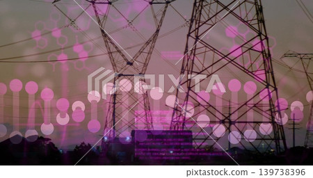 Towering steel lattice transmission towers crossing high voltage lines at dusk, magenta overlays 139738396