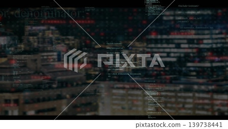Overlaying code text, merging with blurred offices at night, lit windows and bokeh Overlaying code text, merging with blurred offices at night, lit windows and bokeh 139738441