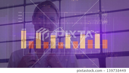 Adjusting female doctor in white lab coat with stethoscope in clinic, with purple data charts Adjusting female doctor in white lab coat with stethoscope in clinic, with purple data charts 139738449