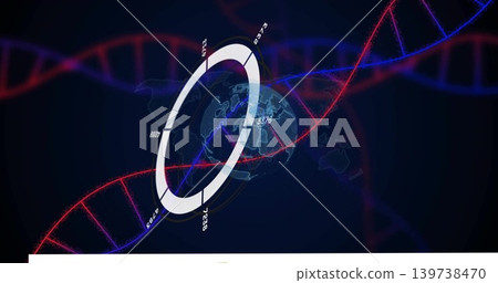 Rotating tilted segmented ring circling globe in virtual dashboard, showing red blue DNA ribbons 139738470