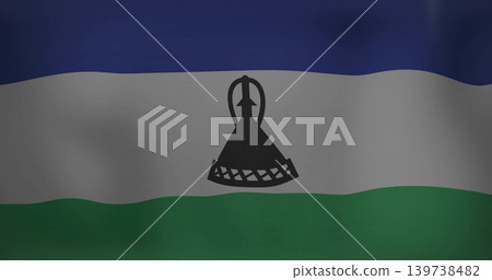Displaying national flag filling frame with blue white green bands, black Mokorotlo, fabric folds Displaying national flag filling frame with blue white green bands, black Mokorotlo, fabric folds 139738482