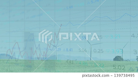 Displaying three wind turbines rotating at wind farm, with grassy field, hills and data overlays Displaying three wind turbines rotating at wind farm, with grassy field, hills and data overlays 139738495