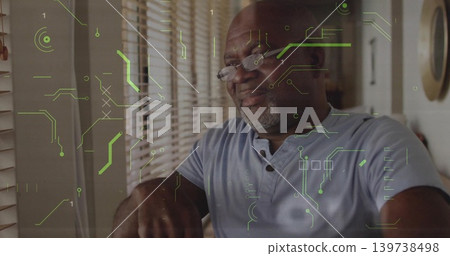 Sitting senior man pushing readers down at home, watching blinds with green HUD overlay in henley Sitting senior man pushing readers down at home, watching blinds with green HUD overlay in henley 139738498