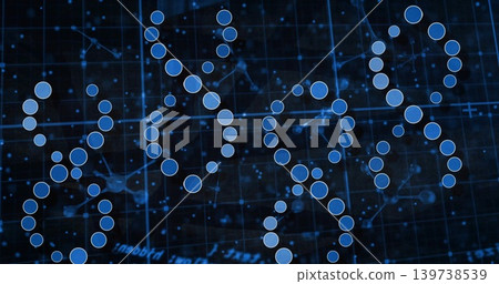 Displaying glowing blue nodes forming ring clusters on data grid, with connecting filaments Displaying glowing blue nodes forming ring clusters on data grid, with connecting filaments 139738539