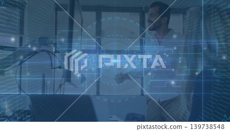 Smiling man in light shirt standing at right in clinic, holographic HUD, white coat, stethoscope Smiling man in light shirt standing at right in clinic, holographic HUD, white coat, stethoscope 139738548