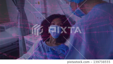 Receiving woman in gown in clinic chair, nurse in scrubs giving injection with syringe and gloves Receiving woman in gown in clinic chair, nurse in scrubs giving injection with syringe and gloves 139738555