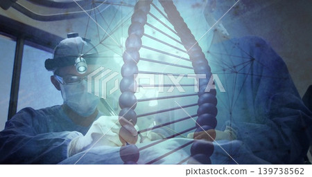 Operating surgeons performing surgery in OR, wearing sterile gowns and headlamp with DNA overlay Operating surgeons performing surgery in OR, wearing sterile gowns and headlamp with DNA overlay 139738562