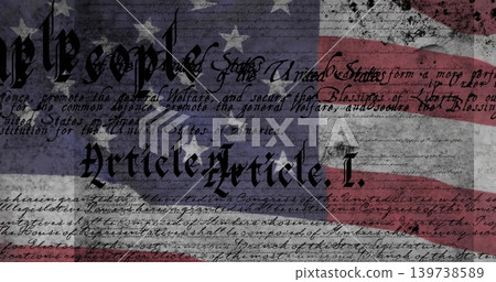 Displaying American flag motif overlaying cursive Constitution text on aged paper with ink smudges Displaying American flag motif overlaying cursive Constitution text on aged paper with ink smudges 139738589
