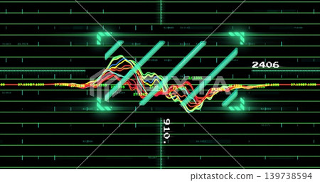 Displaying colorful oscillating waveform on neon grid HUD, showing cyan bars and numeric readouts Displaying colorful oscillating waveform on neon grid HUD, showing cyan bars and numeric readouts 139738594