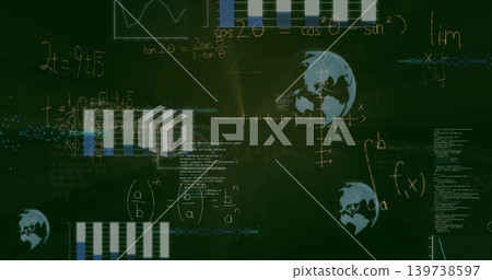 Displaying chalkboard showing written math, integrals f(x), bars, globe icons in classroom 139738597