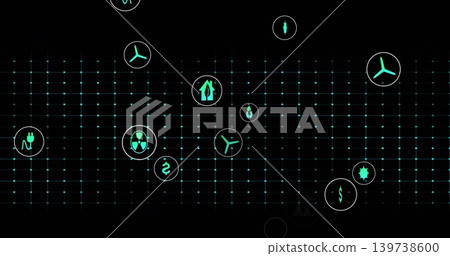 Glowing teal circular icons and dotted grid floating across black dashboard, showing energy symbols Glowing teal circular icons and dotted grid floating across black dashboard, showing energy symbols 139738600