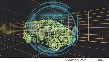 Rendering neon green wireframe van model rotating in virtual 3D space with orange grid, HUD rings 139738605