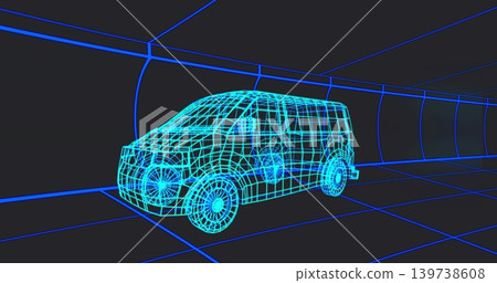 Glowing wireframe van rotating in dark tunnel corridor, showing wheels, windows, mirrors, grid Glowing wireframe van rotating in dark tunnel corridor, showing wheels, windows, mirrors, grid 139738608