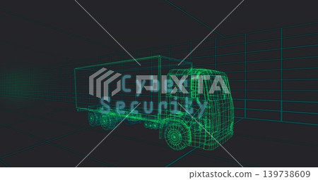 Rendering neon-green wireframe box truck on right in 3D corridor, neon grid and Cyber Security text Rendering neon-green wireframe box truck on right in 3D corridor, neon grid and Cyber Security text 139738609