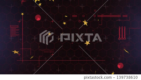 Animating centered cluster of yellow stars and red axis lines on dark hex grid, sparking data Animating centered cluster of yellow stars and red axis lines on dark hex grid, sparking data 139738610