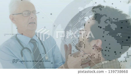 Inspecting doctor holding jaw, examining mouth in clinic with stethoscope, tie, globe, code text Inspecting doctor holding jaw, examining mouth in clinic with stethoscope, tie, globe, code text 139738668