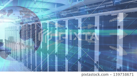 Row of server cabinets stretching down modern data center corridor, with globe and binary overlays Row of server cabinets stretching down modern data center corridor, with globe and binary overlays 139738671