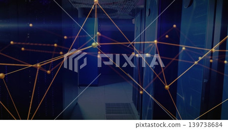 Showing central server racks in data center with mesh doors, LEDs, vent, cable tray, orange nodes Showing central server racks in data center with mesh doors, LEDs, vent, cable tray, orange nodes 139738684