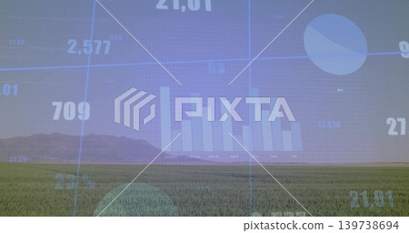 Projecting faint bar chart over grassy plain near horizon, showing pie chart, numeric labels 139738694