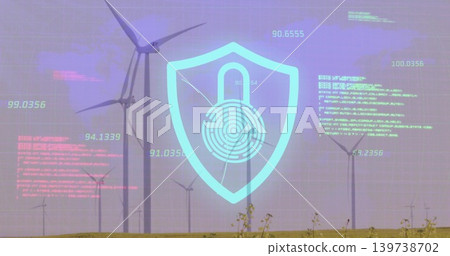 Showing HUD shield with padlock print over wind turbines on grass plain, showing code readouts 139738702