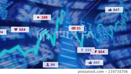 Displaying turquoise zigzag graph tracing analytics trends across digital dashboard, with badges Displaying turquoise zigzag graph tracing analytics trends across digital dashboard, with badges 139738706