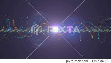 Pulsing band of colorful waveforms weaving across studio, emitting lens flare and halo rings Pulsing band of colorful waveforms weaving across studio, emitting lens flare and halo rings 139738715