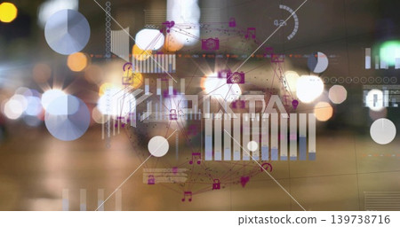 Projecting HUD overlay showing bar charts, nodes or icons over urban road at night with bokeh lights Projecting HUD overlay showing bar charts, nodes or icons over urban road at night with bokeh lights 139738716