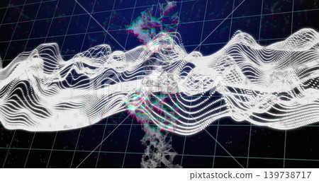 Undulating bright waveform ribbon flowing across virtual 3D grid, showing smoky glitch column Undulating bright waveform ribbon flowing across virtual 3D grid, showing smoky glitch column 139738717