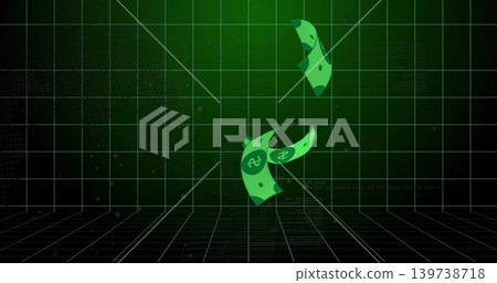 Twisting three stylized green banknotes falling above grid floor and tiled wall, showing code dots Twisting three stylized green banknotes falling above grid floor and tiled wall, showing code dots 139738718
