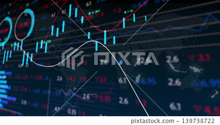Displaying centered dashboard updating on dark navy screen, with cyan candles, line graphs Displaying centered dashboard updating on dark navy screen, with cyan candles, line graphs 139738722