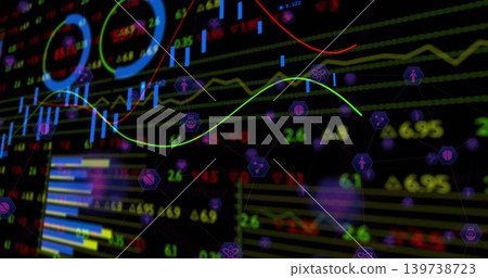 Displaying dark trading dashboard showing colored line charts, blue candlesticks, hex icons 139738723