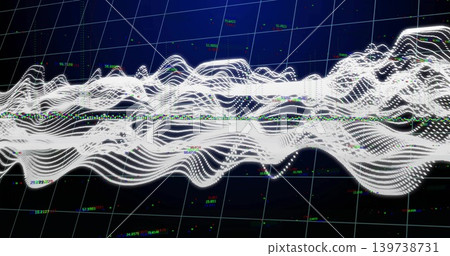 Undulating 3D white waveform rippling across dark grid, with numeric labels and colored markers Undulating 3D white waveform rippling across dark grid, with numeric labels and colored markers 139738731