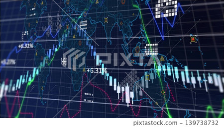 Displaying financial chart on-screen dashboard, showing candlesticks, colored lines, percent labels Displaying financial chart on-screen dashboard, showing candlesticks, colored lines, percent labels 139738732