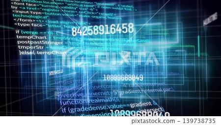 Glowing central data cluster streaming code and numeric overlays in navy virtual grid with planes Glowing central data cluster streaming code and numeric overlays in navy virtual grid with planes 139738735