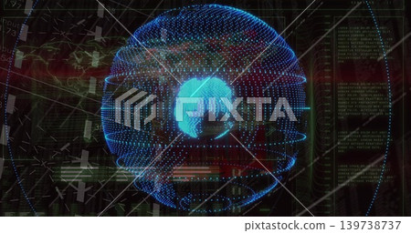 Projecting 3D holographic globe rotating in command center, with map outlines and data bars Projecting 3D holographic globe rotating in command center, with map outlines and data bars 139738737