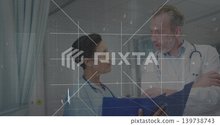 Reviewing blue folder, nurse in scrubs pointing, doctor in labcoat listening in ward, digital grid Reviewing blue folder, nurse in scrubs pointing, doctor in labcoat listening in ward, digital grid 139738743