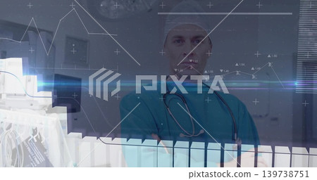 Standing doctor facing forward in OR, wearing teal scrubs, stethoscope, displaying digital overlays Standing doctor facing forward in OR, wearing teal scrubs, stethoscope, displaying digital overlays 139738751