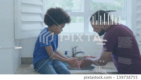 Washing child in blue-tee, parent in purple shirt guiding hands at sink with soap, HUD overlays Washing child in blue-tee, parent in purple shirt guiding hands at sink with soap, HUD overlays 139738755