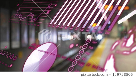 Floating pale magenta data overlays on subway platform showing charts near yellow tactile strip 139738806