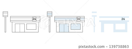 Convenience store icon set: Simple 24-hour store illustrations with transparent backgrounds. 139738863