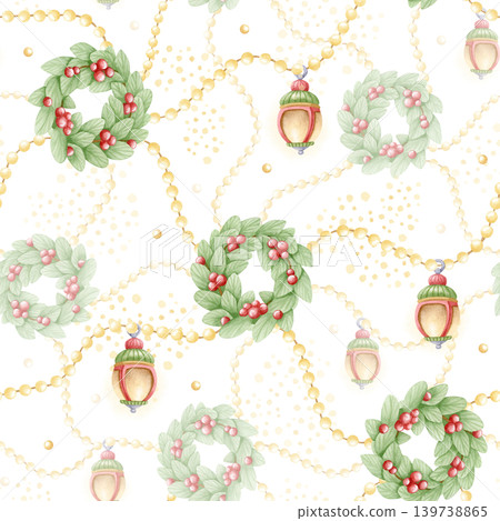 Christmas wreaths with light garlands and lanterns watercolor seamless pattern on white. Happy New Year ornaments and decorations repeat background in pastel colors. Hand drawn winter wrapping paper Christmas wreaths with light garlands and lanterns watercolor seamless pattern on white. Happy New Year ornaments and decorations repeat background in pastel colors. Hand drawn winter wrapping paper 139738865